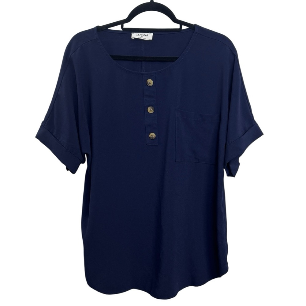 Zenana Outfitters Women’s Navy Short Sleeve Button-Up Tee Size XL